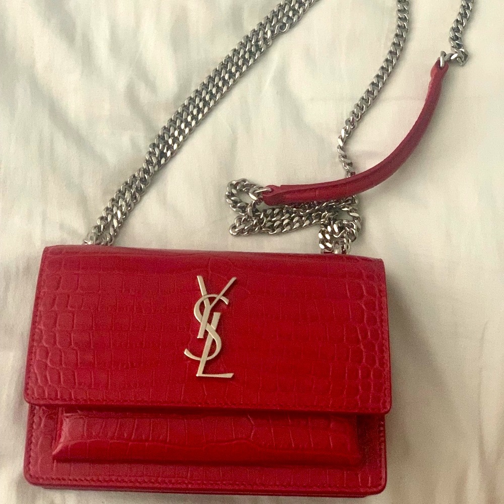 SAINT LAURENT Calfskin crocodile embossed monogram sunset chain wallet